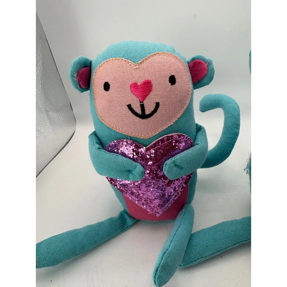 Cute Teal Monkey Plush Stuffed Animal‎ Glitter Heart Valentine Love